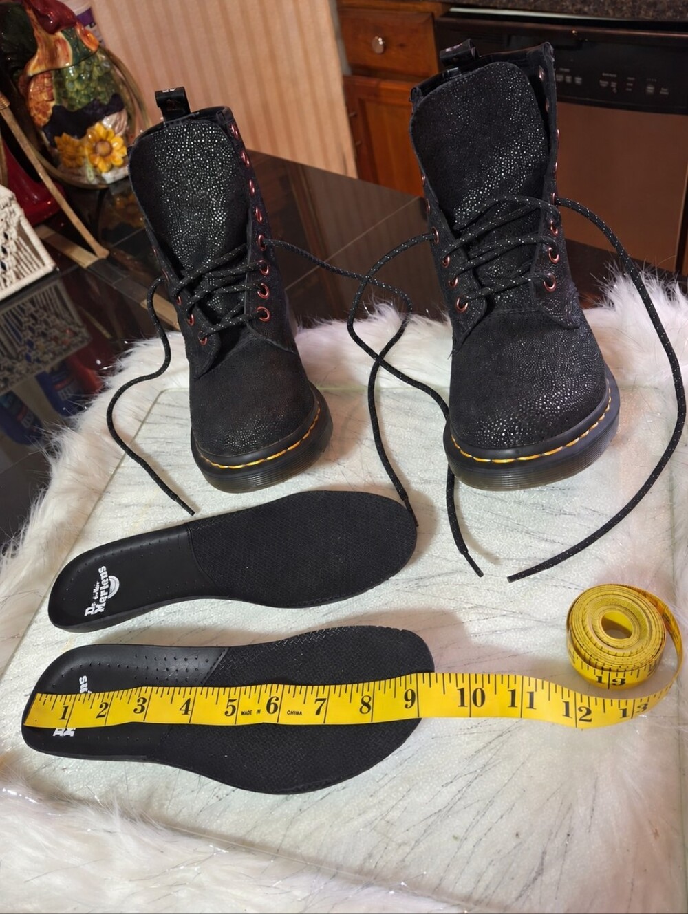 Dr. Martens 1460 Black Textured Glitter Combat Boots Red Eyelets Lace-Up Size 6 - Picture 16 of 16